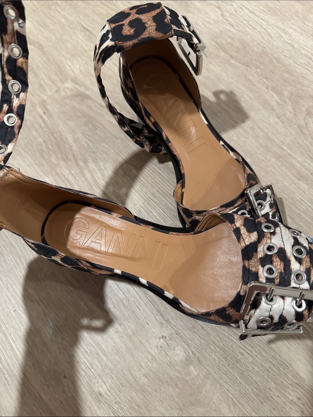 Ganni Leopard Print Ankle Strap Heels